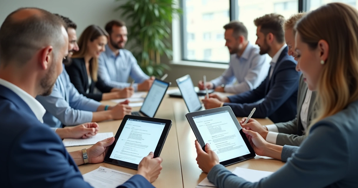 Síndico e conselheiros assinando ata digital em tablet com interface moderna