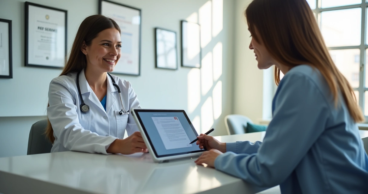 Profissional assinando documento eletrônico com paciente ao lado