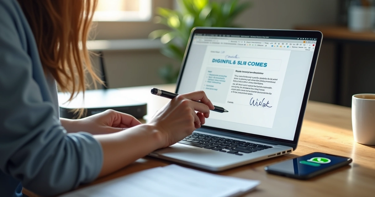 Pessoa assinando documento eletrônico em laptop com interface digital moderna 