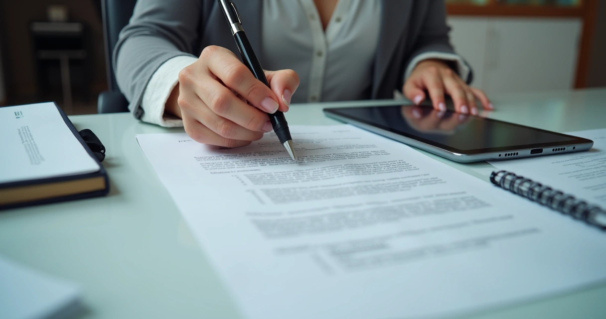 Mão feminina assinando digitalmente tablet na mesa de escritório 