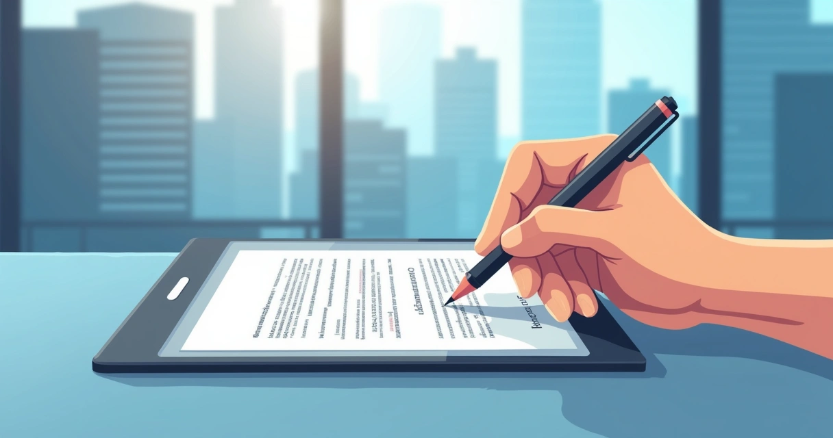 Mão assinando contrato eletrônico em tablet para regularização de imóvel 