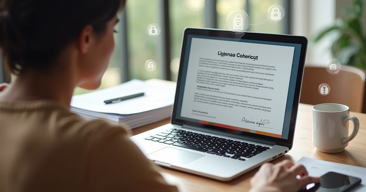 Pessoa assinando contrato digital em notebook