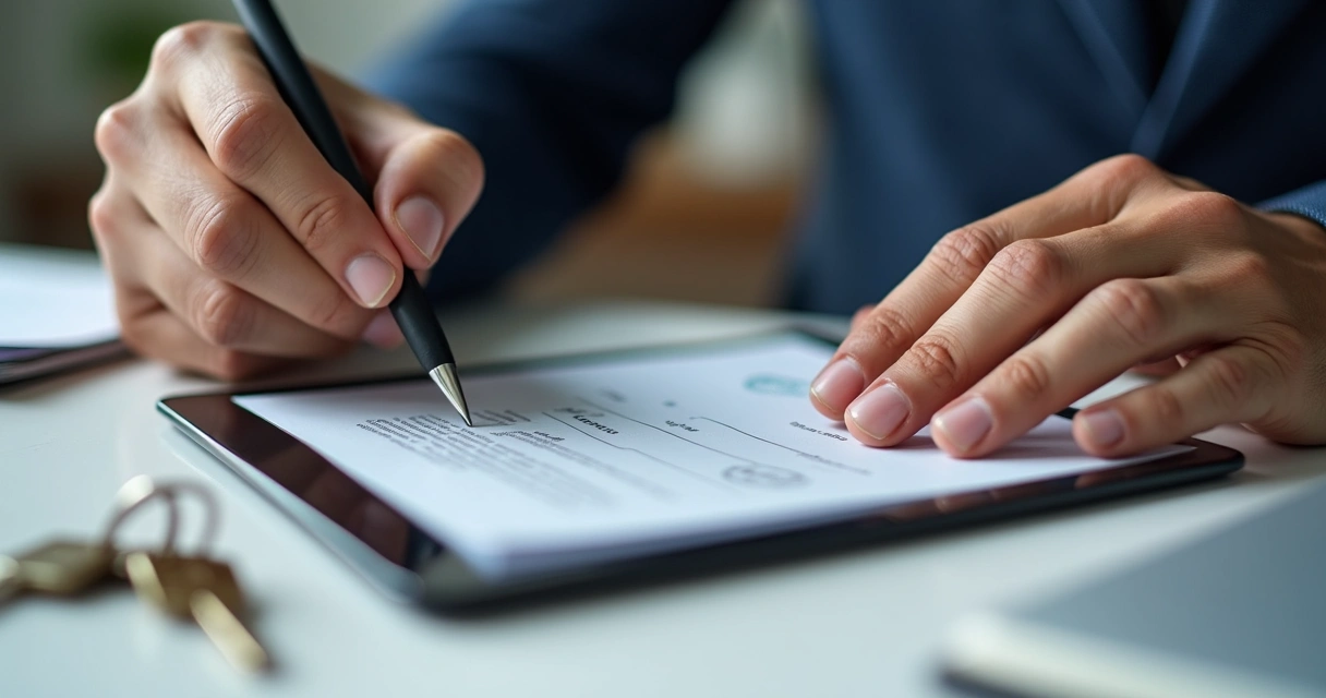 Assinatura eletrônica de contrato imobiliário em tablet 