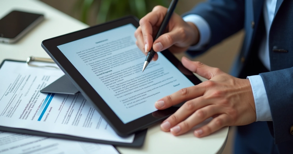 Cliente assinando digitalmente contrato em tablet 