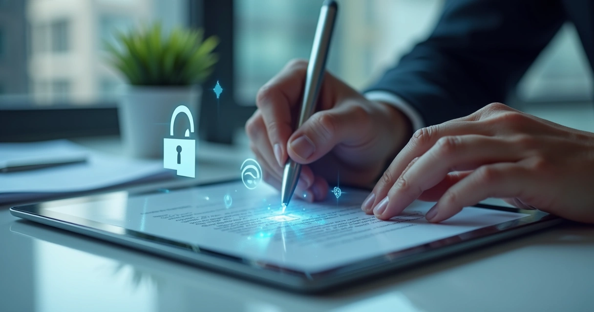Mão assinando contrato digital em tablet com caneta eletrônica 