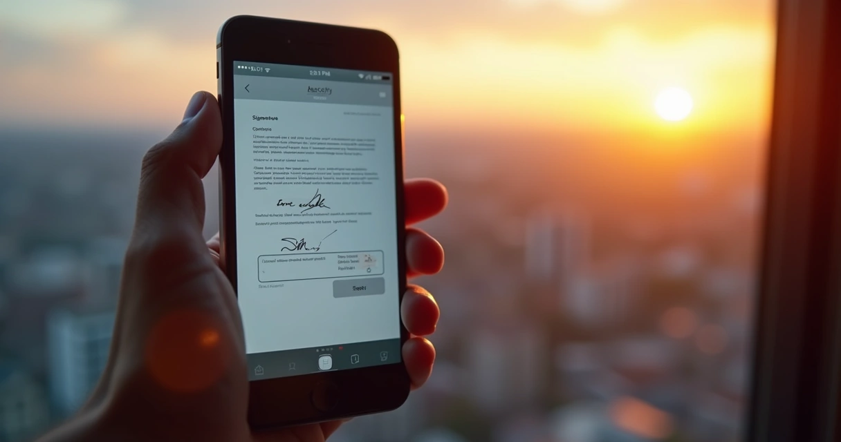 Pessoa usando celular para assinar um contrato digital de aluguel 