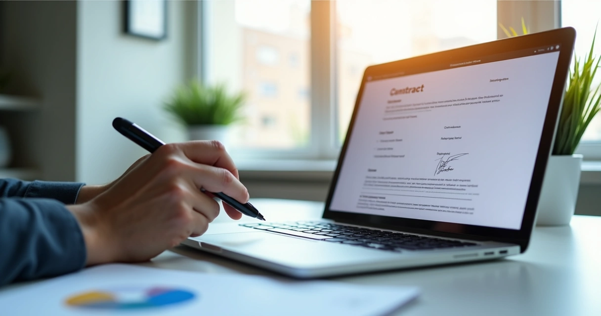 Mão de uma pessoa assinando digitalmente um contrato em um notebook