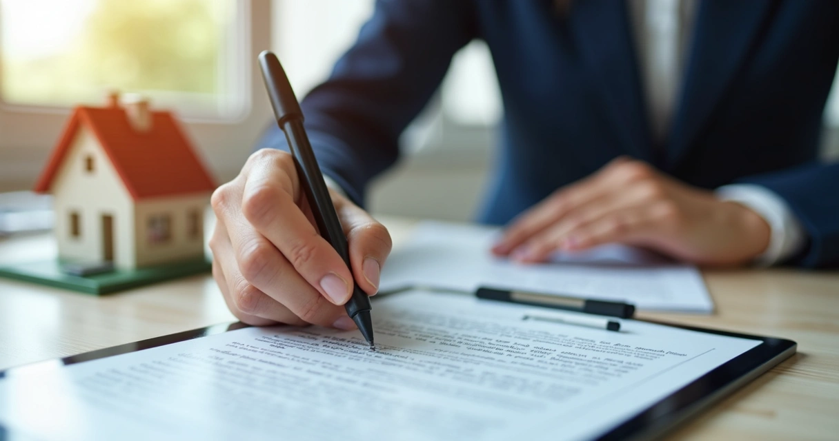 Corretora assinando contrato eletrônico em tablet imobiliário 