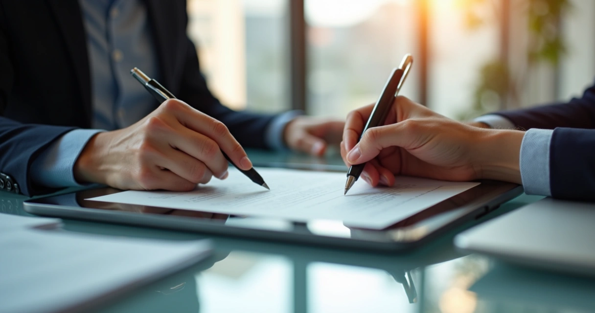 Assinatura eletrônica sendo feita em tablet para contrato imobiliário 