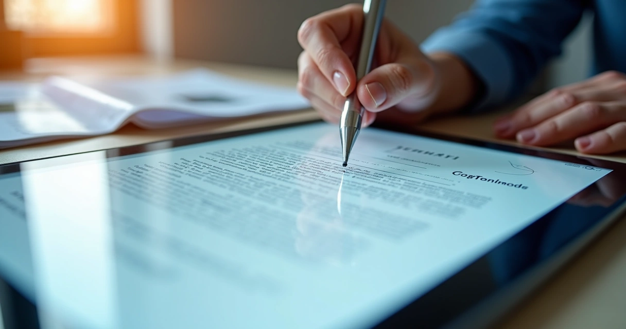 Tela digital mostrando processo de assinatura eletrônica de contrato imobiliário 