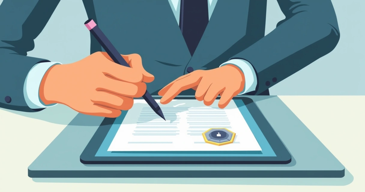 Pessoa assinando contrato digital de imóvel em tablet com selo digital visível 