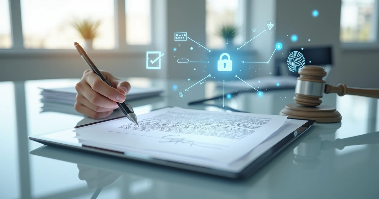 Mesa minimalista com mão assinando documento digital ao lado de símbolos de lei 