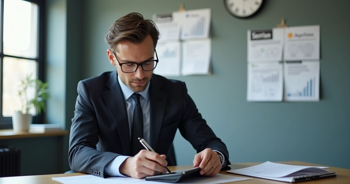Homem formal assinando digitalmente em tablet, escritório de RH ao fundo 