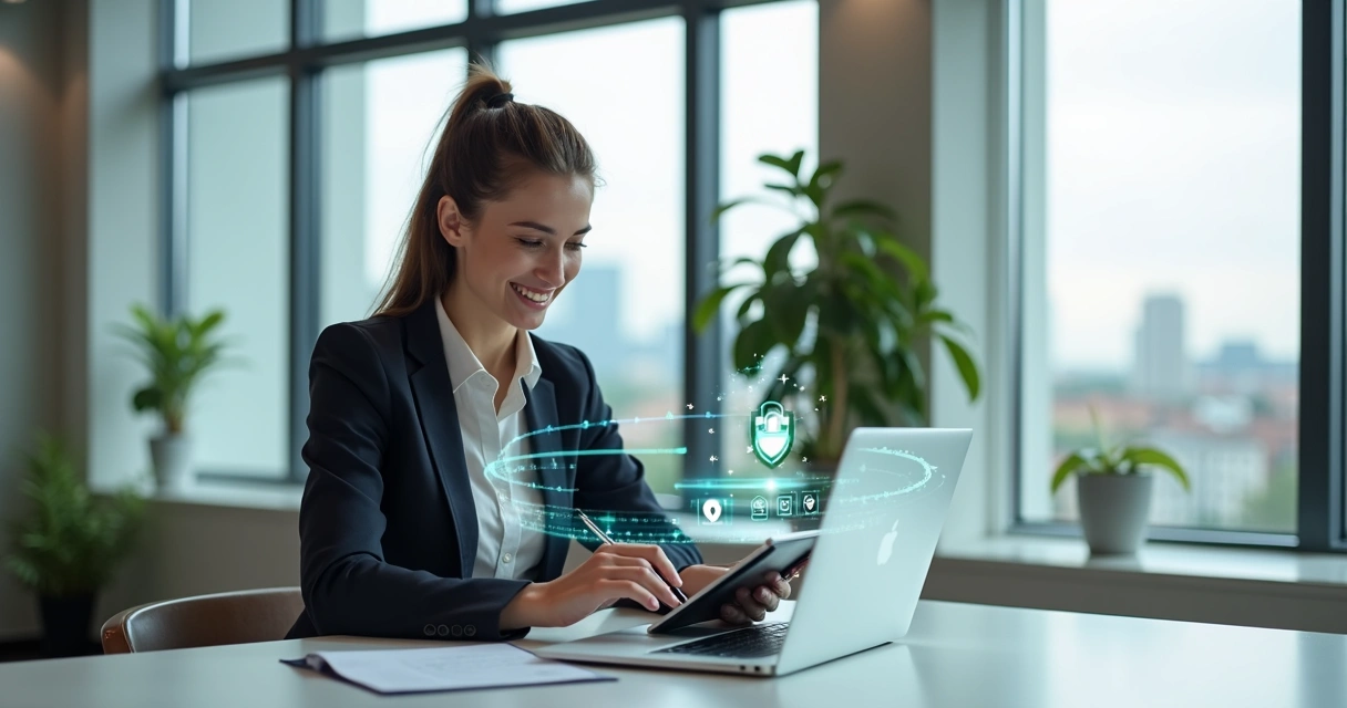 Mulher assinando documento digital na frente de um computador em escritório moderno 