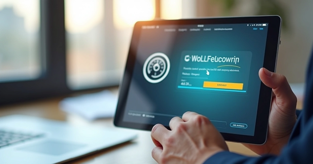 Mão segurando um tablet com uma tela exibindo o registro de ponto eletrônico e assinatura digital visível na interface, em ambiente de escritório moderno com luz natural 