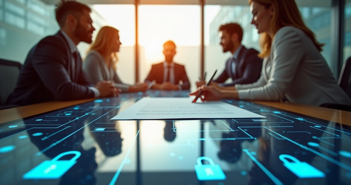 Equipe empresarial reunida assinando documento digital na sala de reunião 