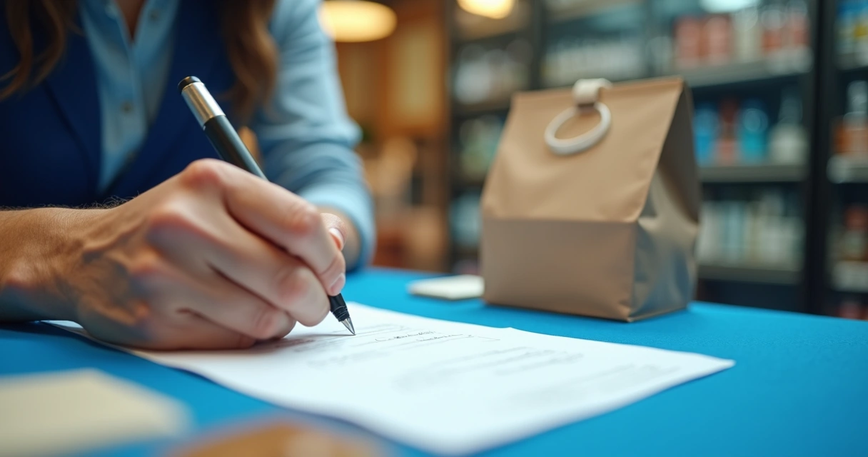 Pessoa assinando escritura no cartório, caneta próxima do papel 