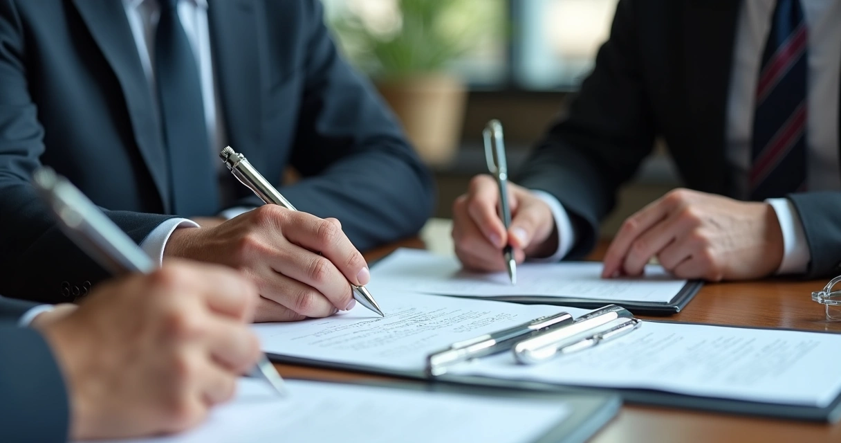Advogado orientando clientes enquanto assinam escritura de inventário em cartório 