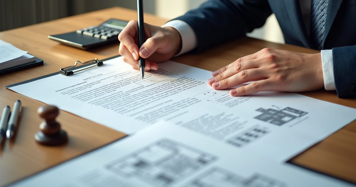 Pessoa assinando escritura com documentos de imóvel sobre a mesa 