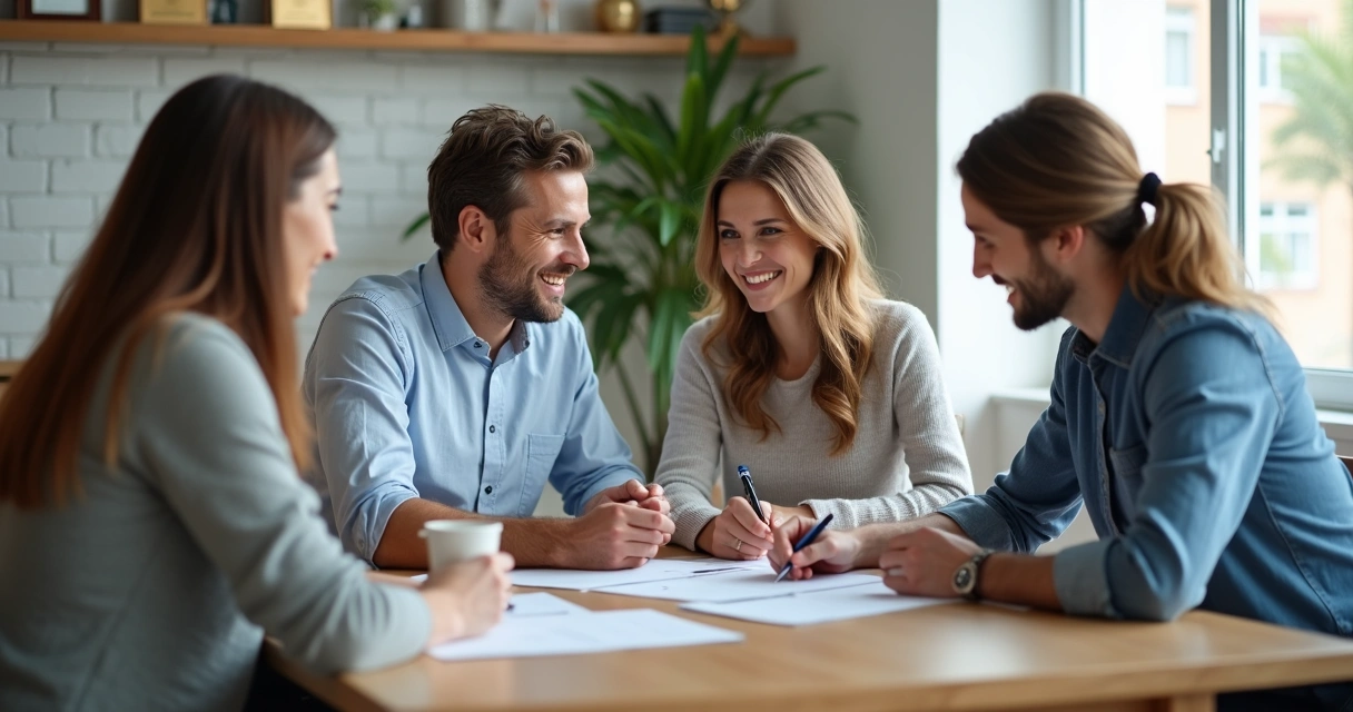 Corretor e clientes assinando uma escritura de imóvel junto ao tabelião