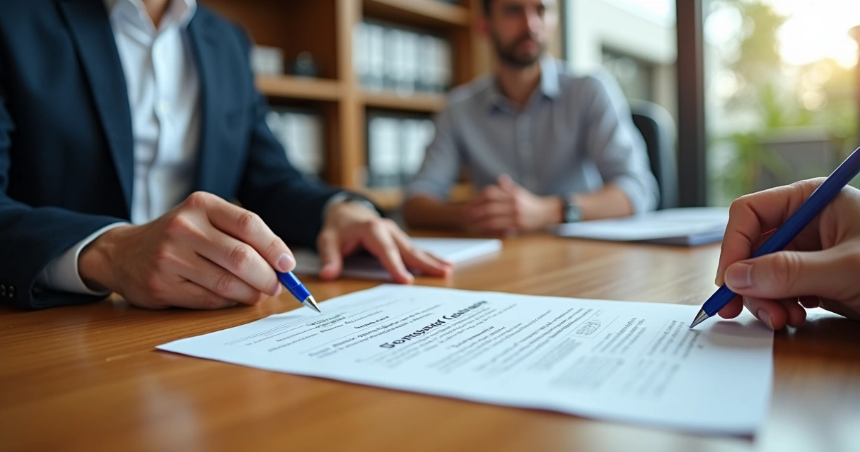 Corretor explicando escritura pública para casal enquanto assina documento em cartório 