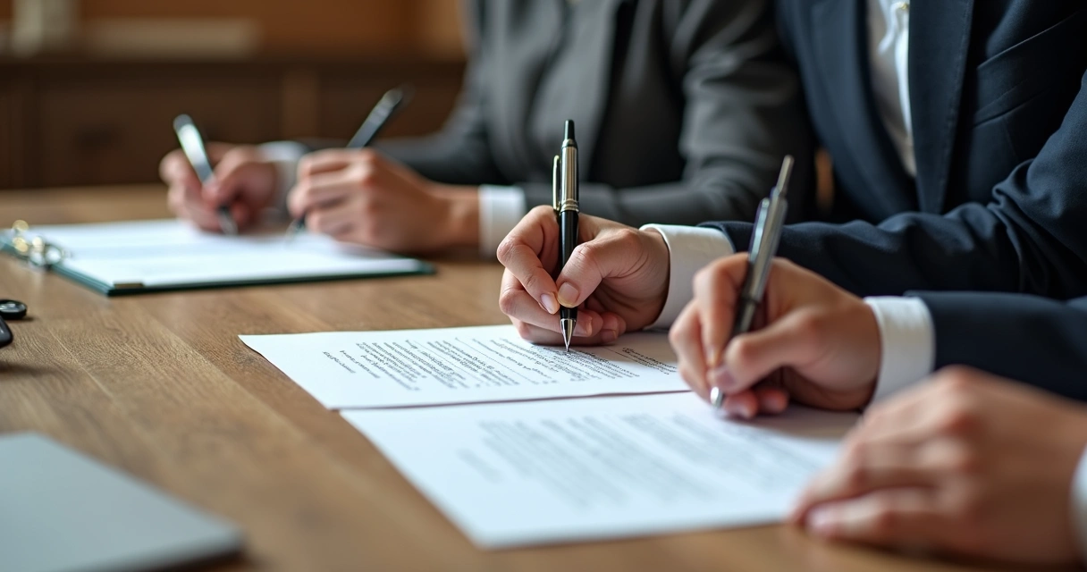 Assinatura de escritura pública em cartório por família acompanhada de advogado 