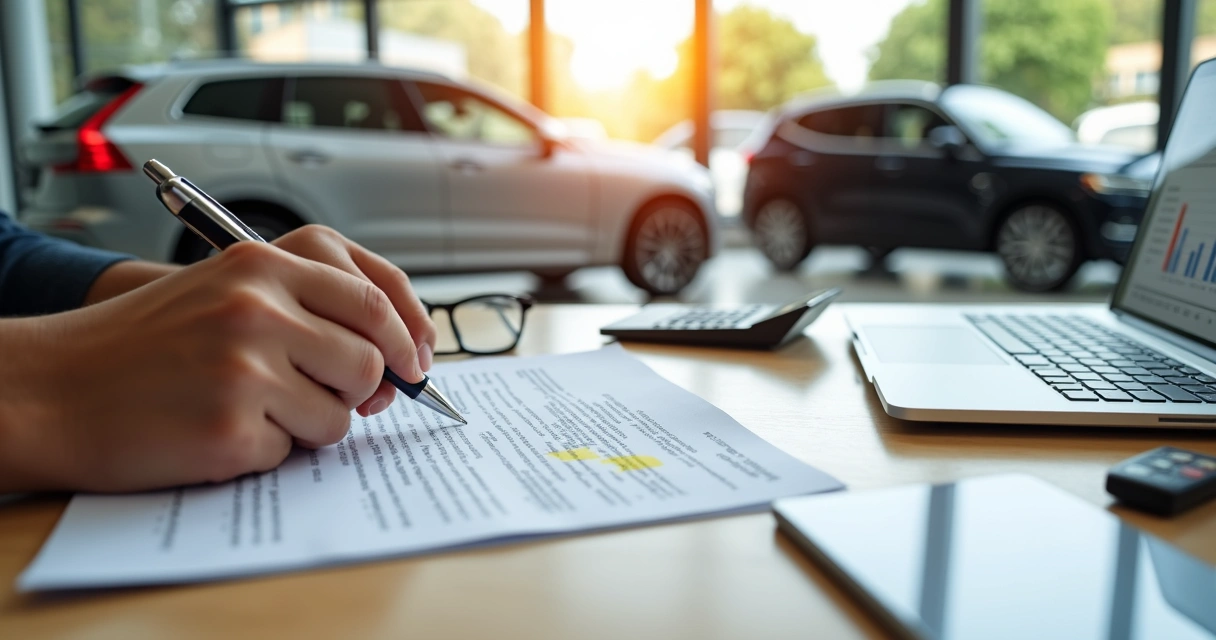 Pessoa analisando contrato de financiamento ao lado de um carro em concessionária 