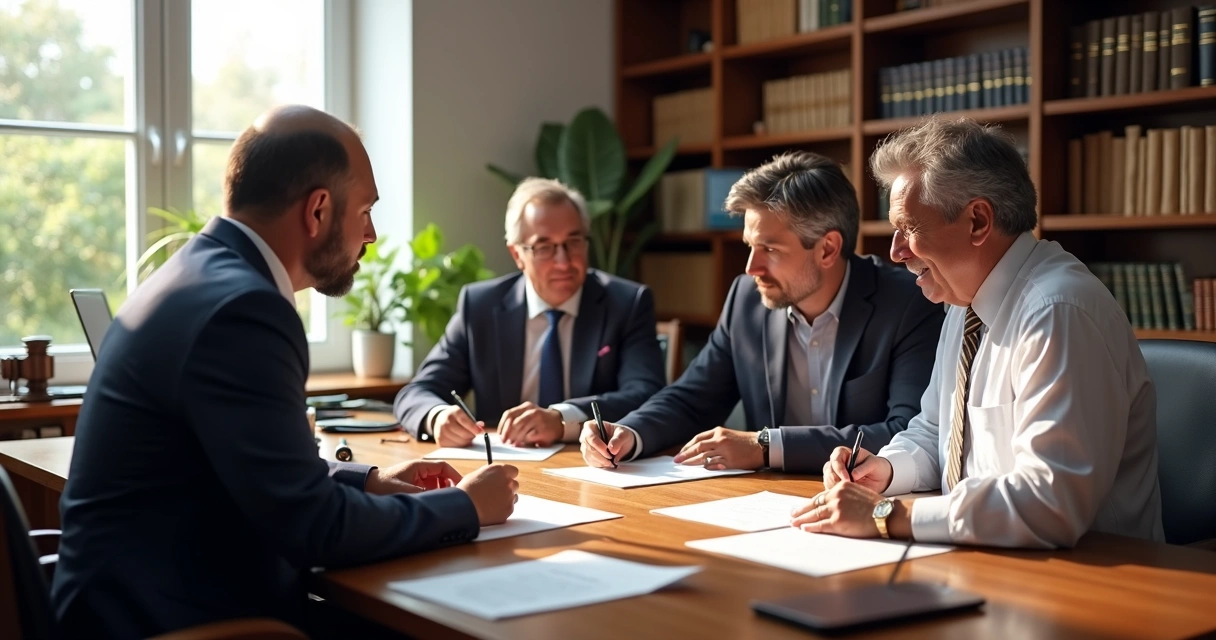 Advogado e herdeiros assinando documentos de inventário no cartório 