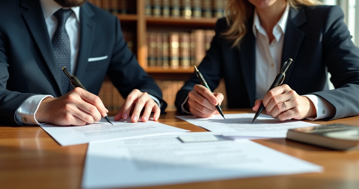 Duas pessoas assinando documentos de inventário em um cartório, com papéis e carimbo na mesa 