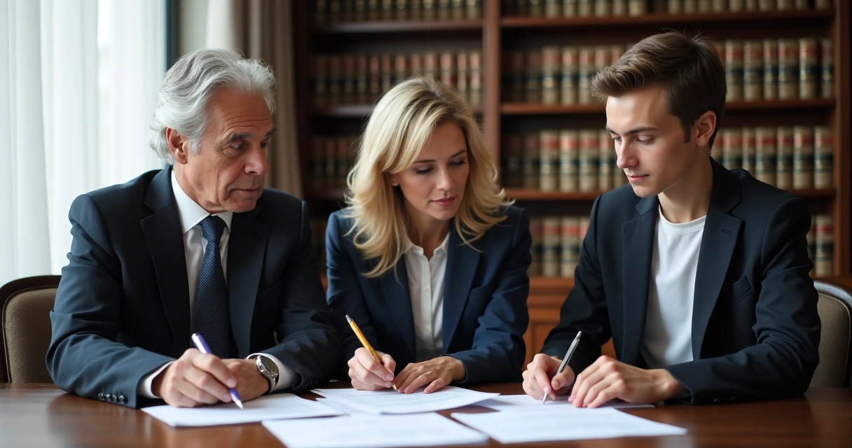 Advogado e família reunidos assinando documentos de inventário judicial 