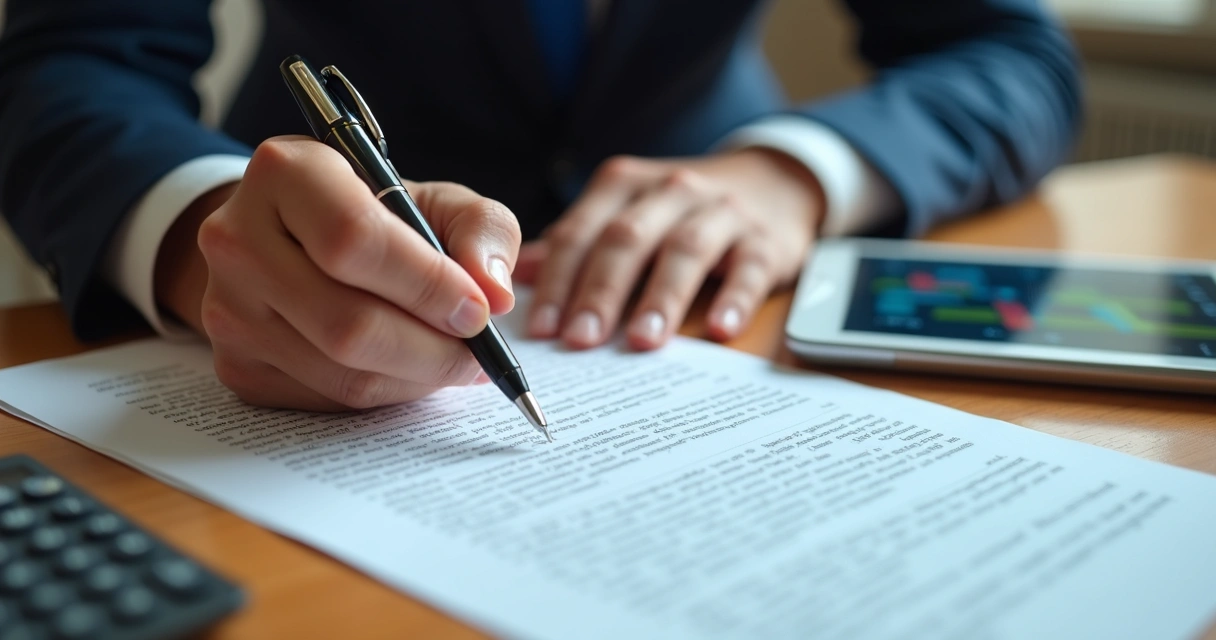 Assinatura de um documento financeiro em uma mesa de escritório 