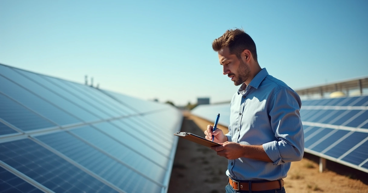 Homem assinando contrato ao lado de painéis solares 
