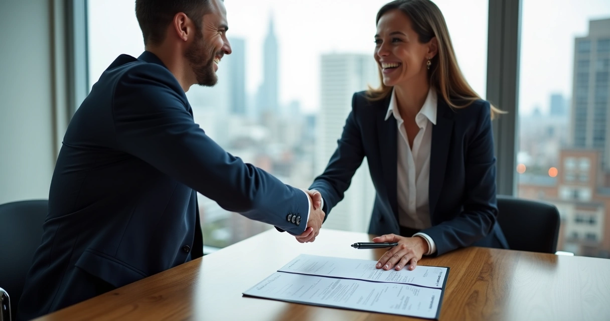 Dois empresários firmando parceria com aperto de mãos em ambiente corporativo 