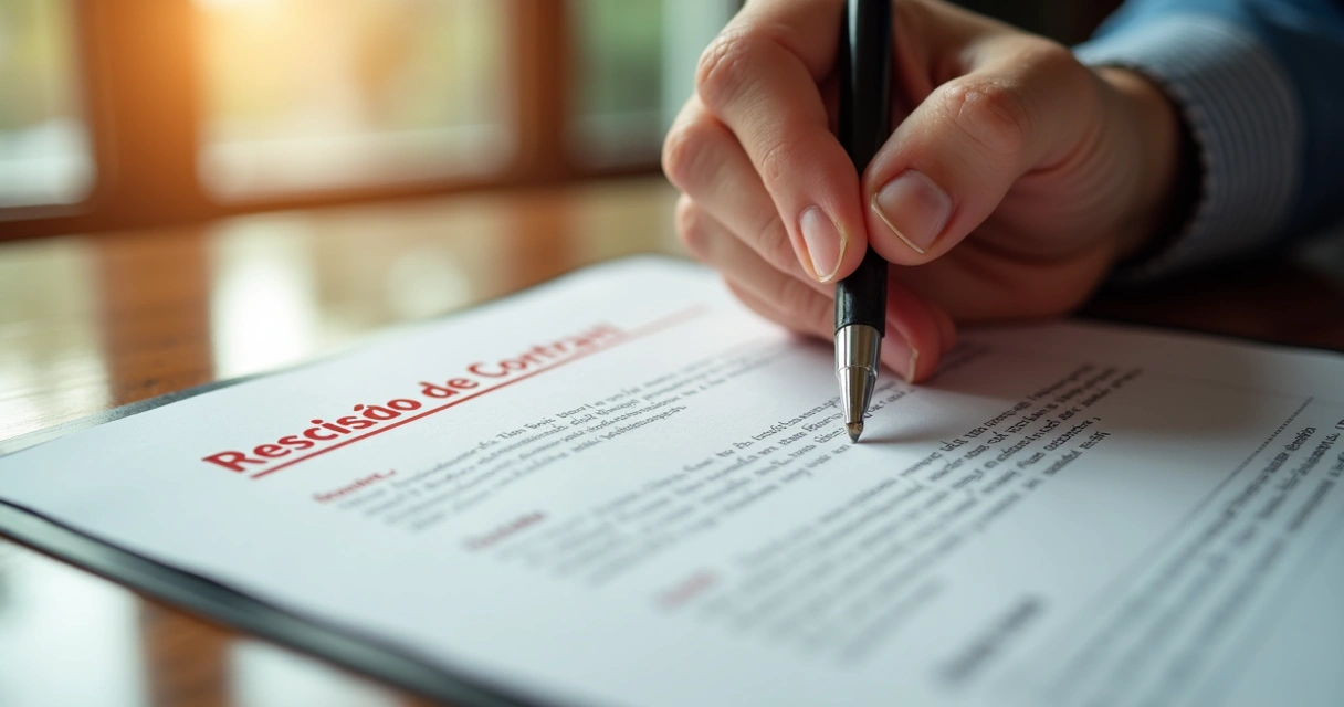 Pessoa assinando rescisão de contrato sobre uma mesa de madeira clara 