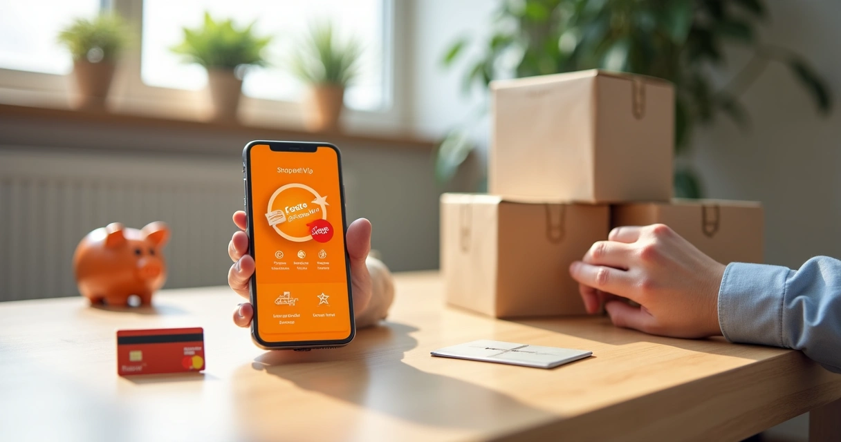 Mão segurando smartphone com tela de assinatura ShopeeVIP ao lado de cartão de crédito e cofrinho 