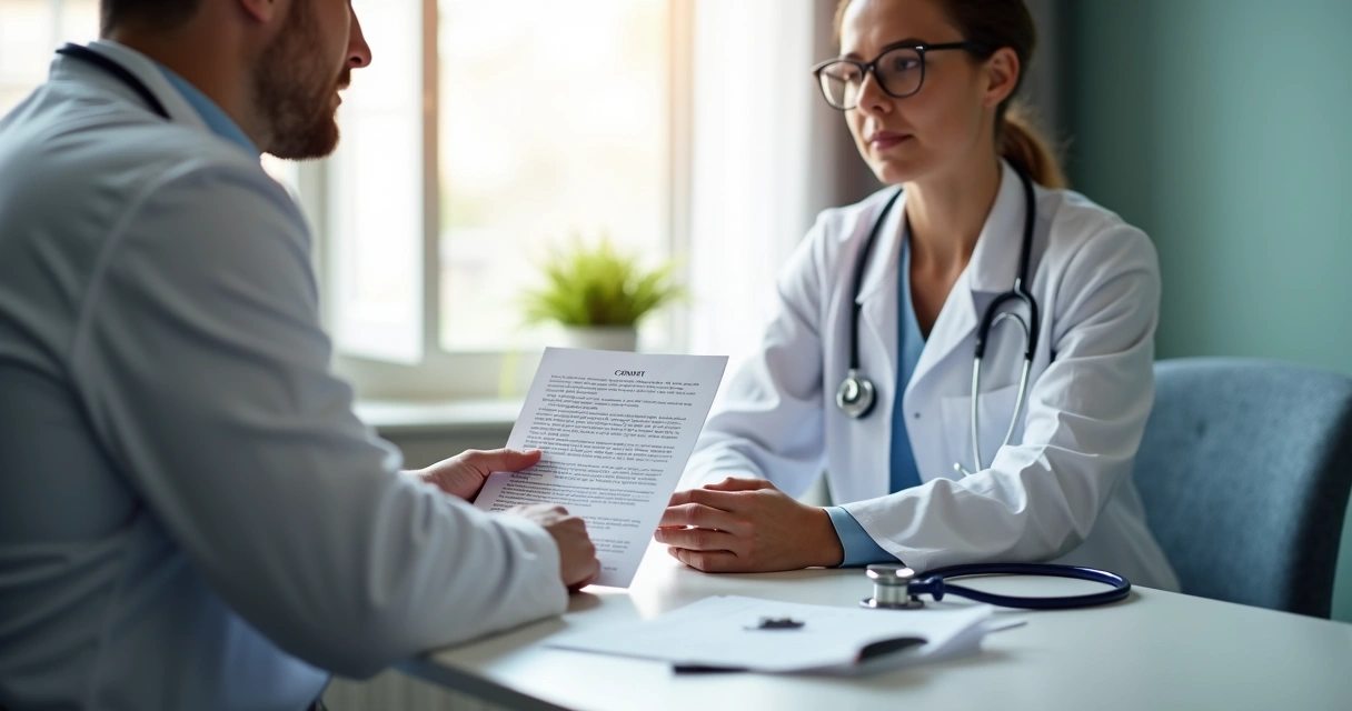 Profissional de saúde orientando paciente durante assinatura de termo de consentimento 