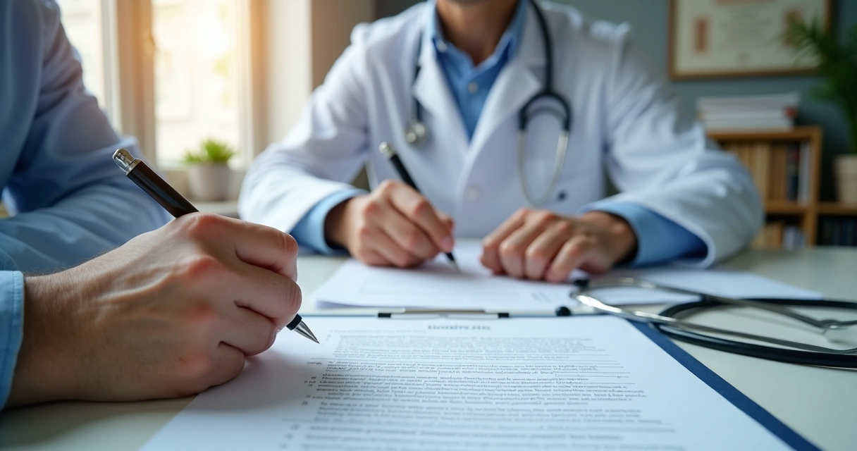 Assinatura de termo de consentimento TCLE por médico e paciente em consultório particular 