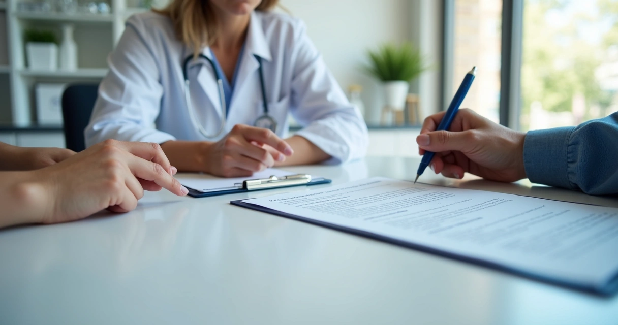 Médico e paciente revisando documento antes da assinatura