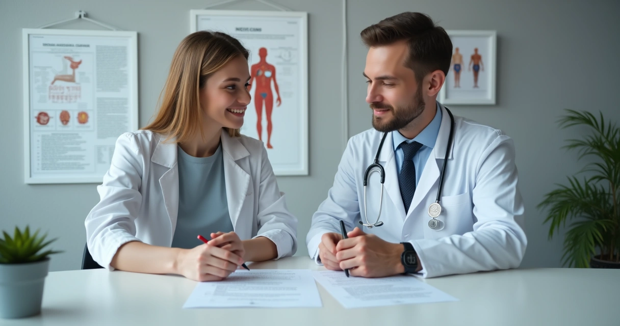 Profissional e paciente revisando e assinando termo de consentimento em consultório