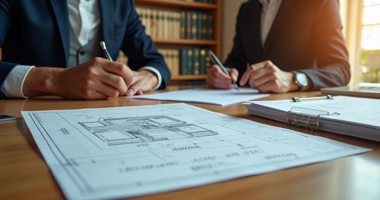 Pessoa assinando escritura em cartório com planta de imóvel sobre a mesa 