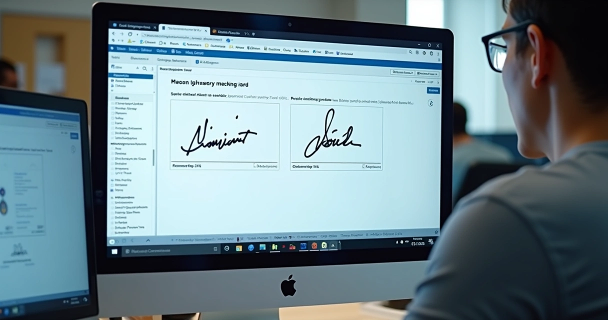 Tela do sistema com assinatura digital duplicada e pessoa usando computador