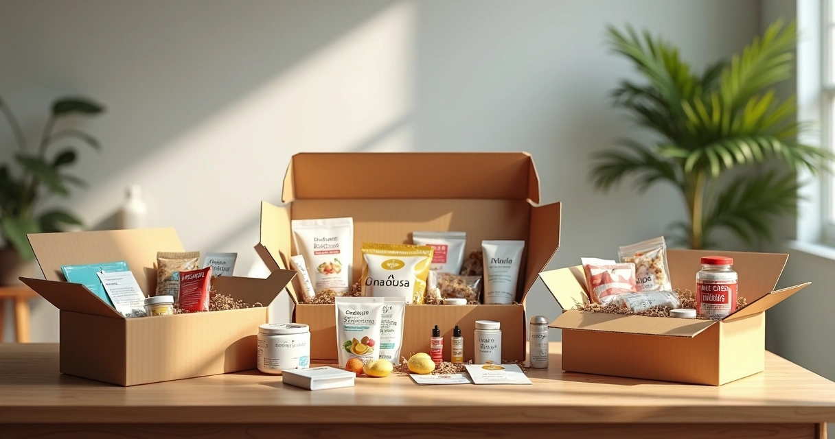 Produtos variados de assinatura organizados em caixas