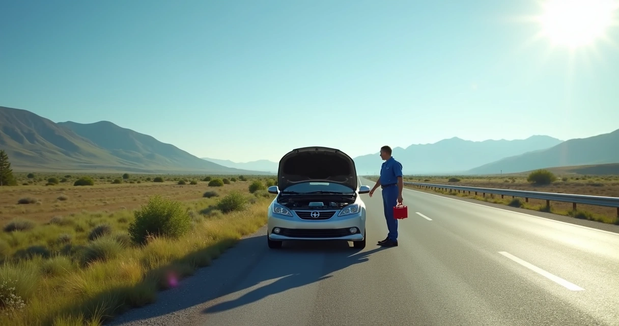 Carro parado na estrada com capô aberto e mecânico chegando para prestar assistência 24 horas 