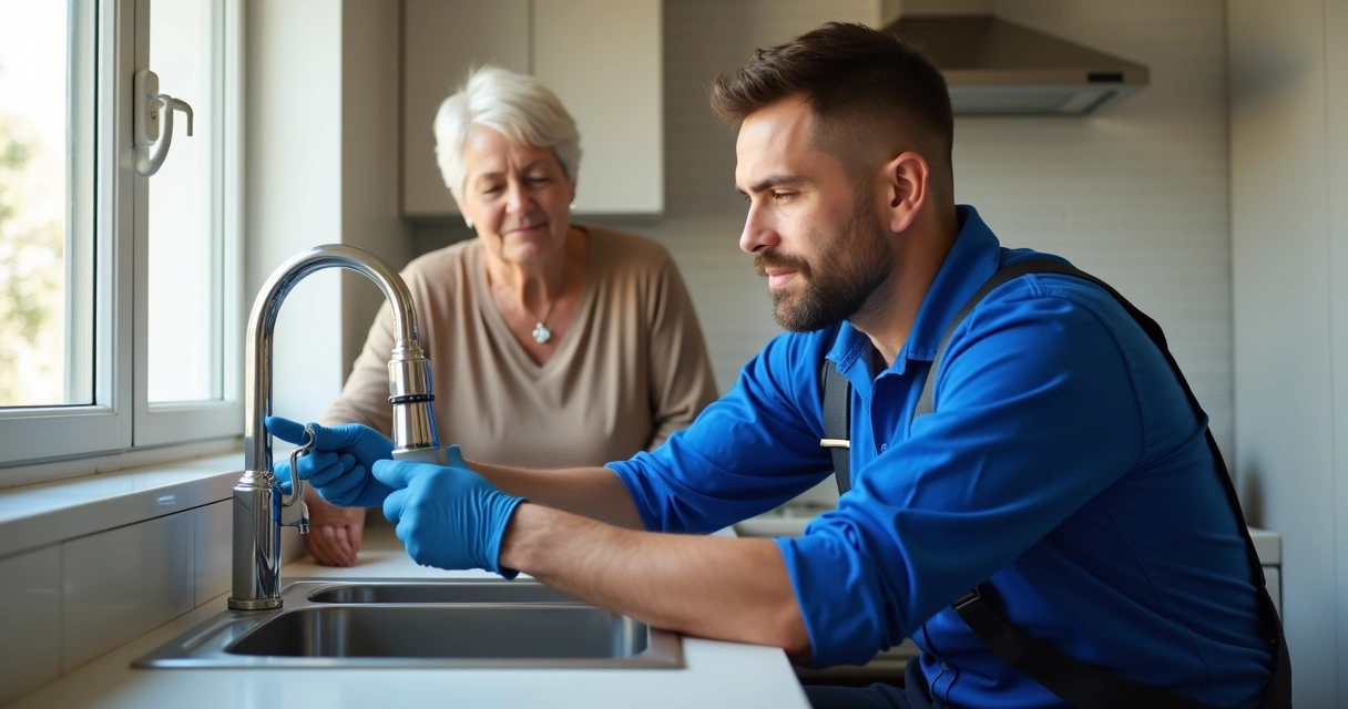 Técnico arrumando encanamento em casa moderna.