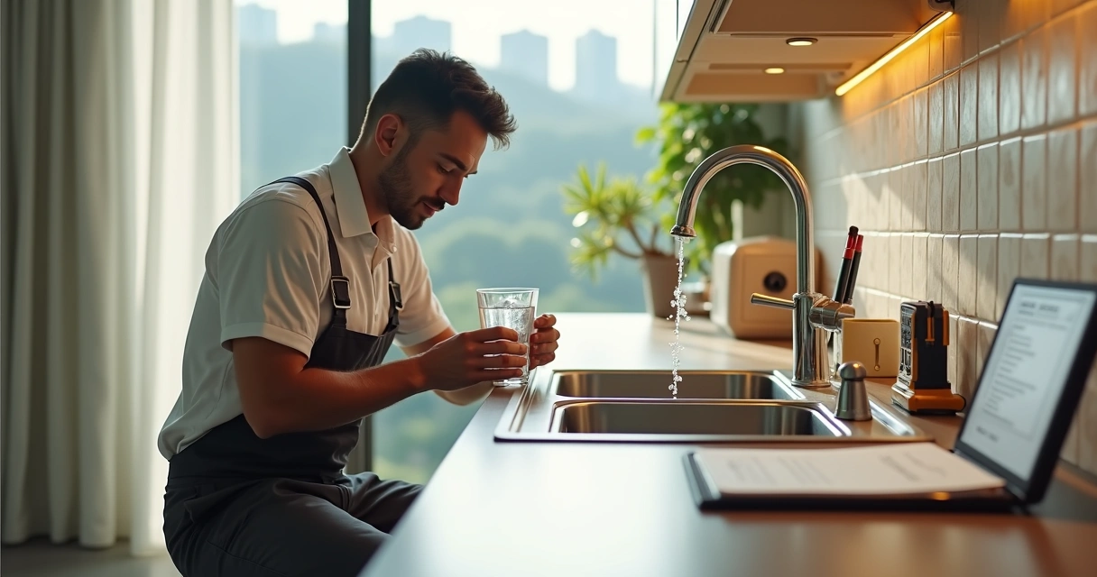 Técnico ajustando filtro de água Electrolux em cozinha residencial no Rio de Janeiro 