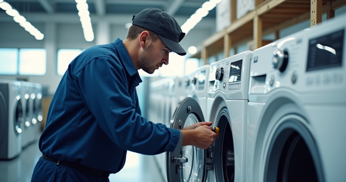 Técnico usando uniforme, ajustando painel de máquina lava e seca LG com ferramentas ao lado, fundo oficina organizada 
