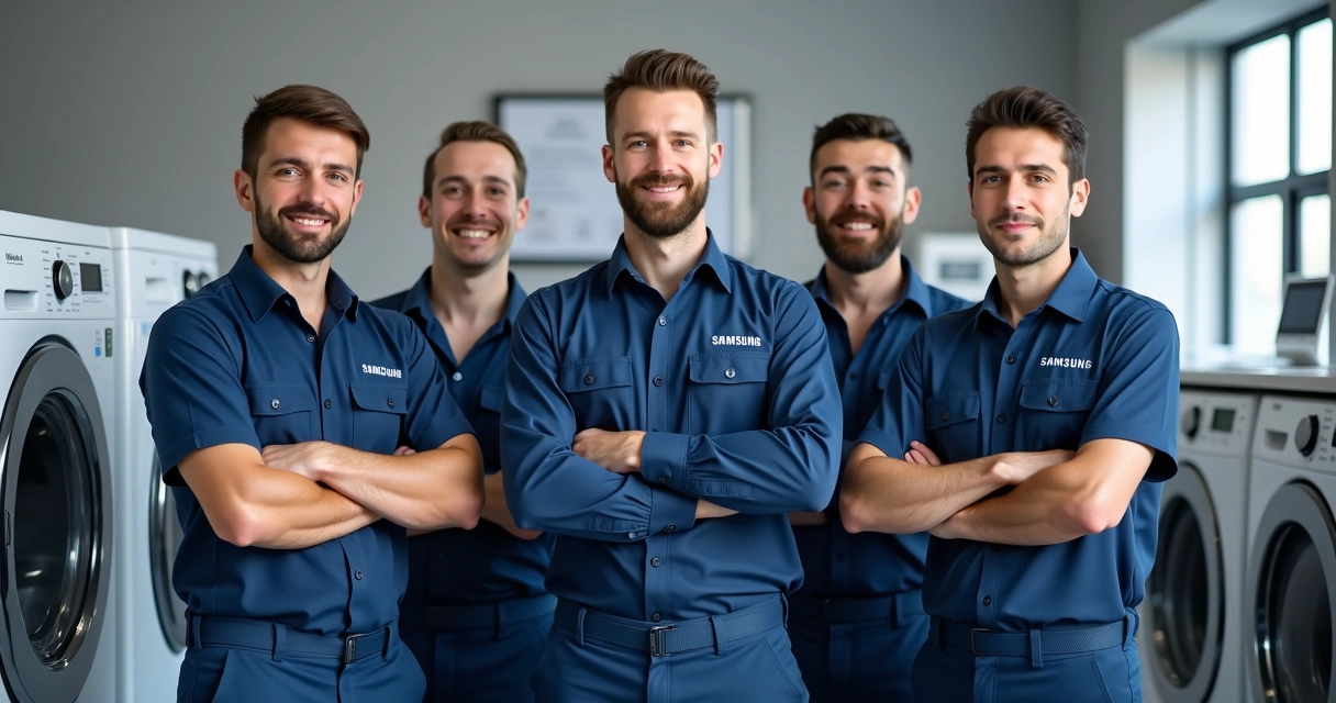 Equipe MaqLav uniformizada ao lado de uma lavadora Samsung