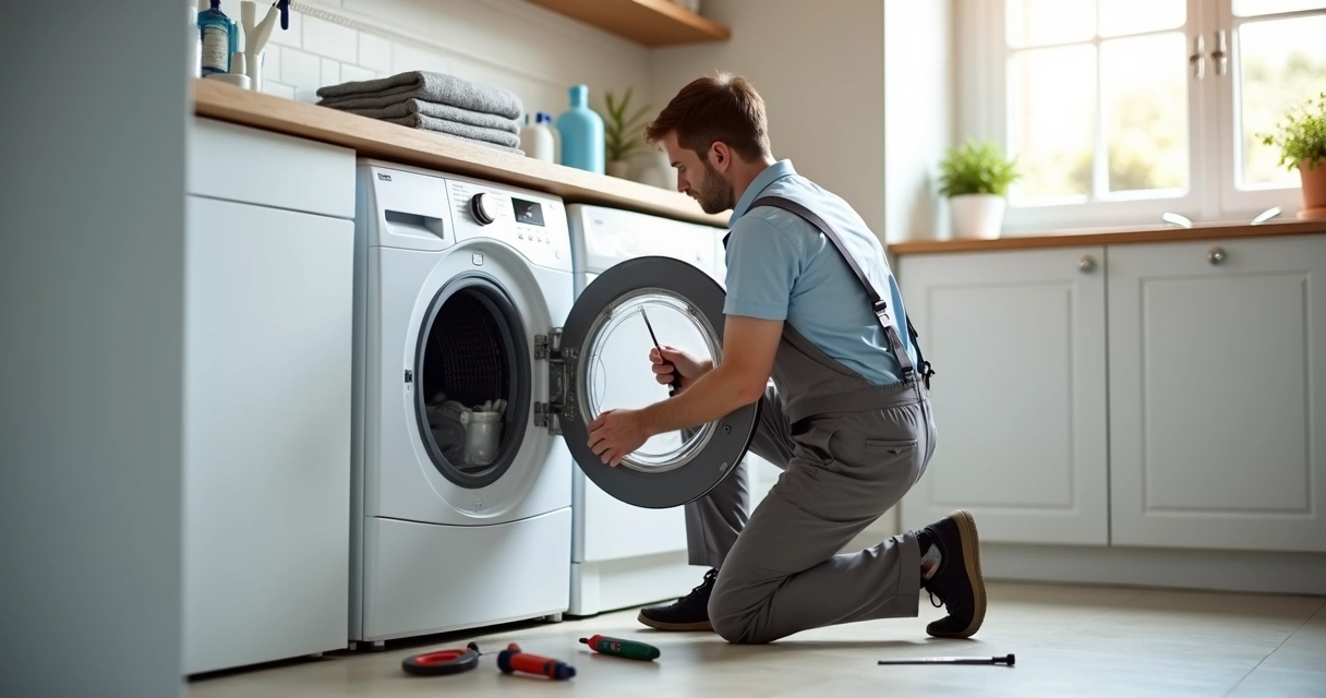 Técnico ajustando máquina de lavar em lavanderia doméstica moderna 