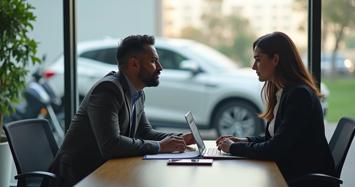 Consultor de seguros atendendo cliente com carro e moto ao fundo em escritório moderno na Zona Leste de São Paulo 