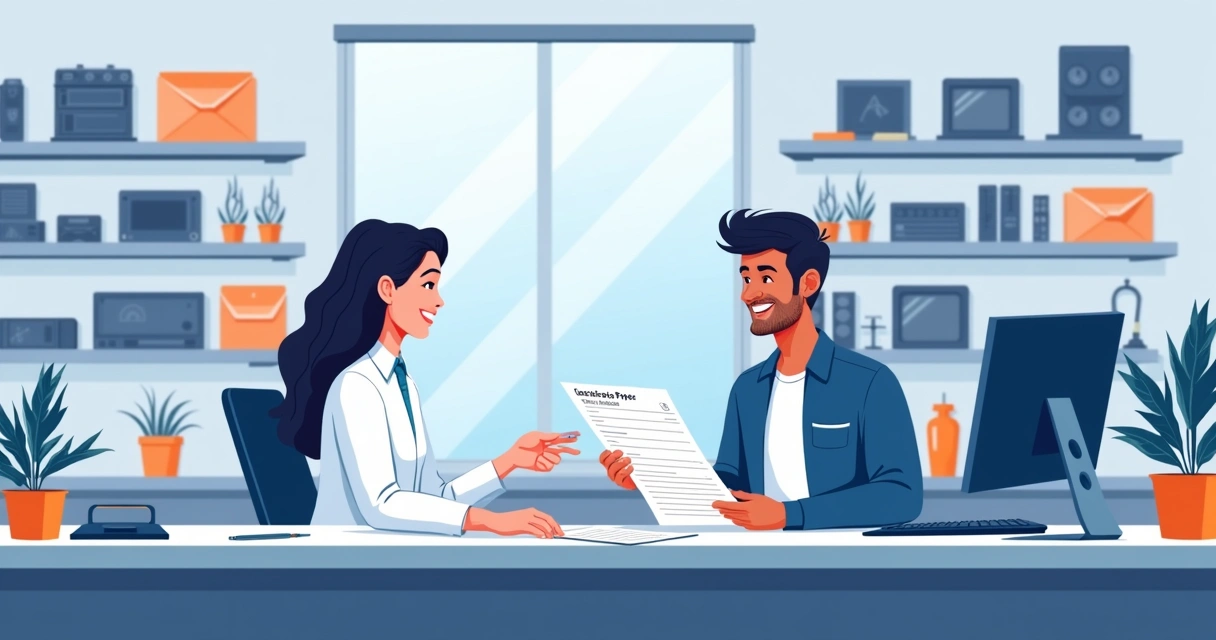 Técnico atendendo cliente em bancada de assistência técnica com computador e ordem de serviço impressa 